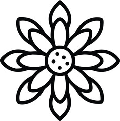 Black outline of a stylized flower design, Simple line art illustration of a stylized flower with pointed petals and a circular center, featuring a clean, minimal outline.
