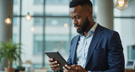An African-American businessman checking financial reports on a tablet in an office, reflecting the importance of technology in business analysis and decision-making.