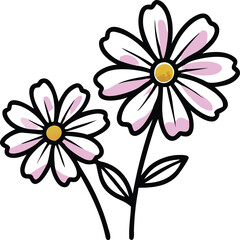 Pink and white daisy flower illustration, Vector illustration of two daisies with white petals, pink accents, and yellow centers, featuring a simple and cheerful design.

