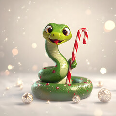 Fototapeta premium A cheerful green snake holding a candy cane surrounded by festive decorations during the holiday season