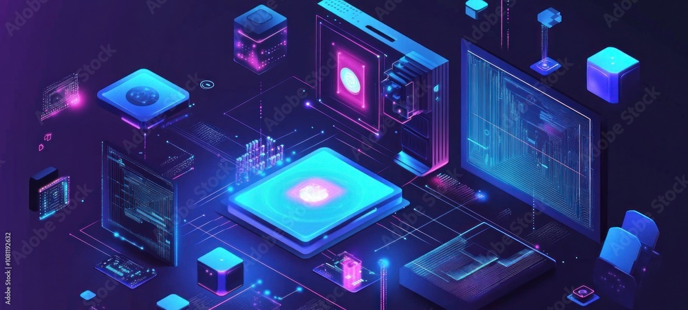 Aufkleber cyberpunk tech: futuristic digital network and system architecture