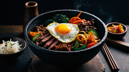 Korean Bibimbap Bowl with Fried Egg on Top