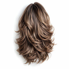 Naklejka premium Luxurious Brown Layered Wig on White Background, hairpiece, hair extension, brown hair, layered hair, long hair