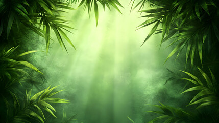 Fototapeta premium Lush Green Tropical Jungle Background, rainforest, leaves, plants, foliage, bamboo