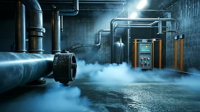 A clean, brightly lit industrial refrigeration room with water pipes and a motor, the cold air swirling around the system as frost creeps along the edges of the machinery and walls