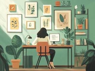 Flat illustration of an office worker sitting at her desk, surrounded by framed art on the wall and potted plants on shelves Generative AI