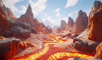 Mystical Spice Inspired Landscape with Smoldering Rock Formations and Winding Paprika Rive