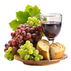 Vintage dishes with grape apple and wine in the glass