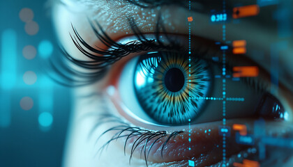 a close-up of a human eye with a futuristic interface in the background