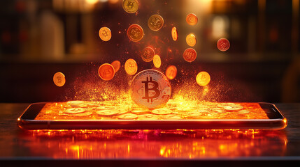 a smartphone with fire and an explosion of bitcoin coins in a bullish cryptocurrency market