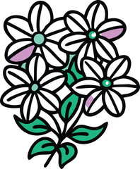 White Daisies with Green Leaves Illustration, Illustration of a bouquet of white daisies with green centers and leaves, accented with purple highlights, showcasing a cheerful and stylized floral desig