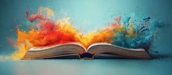 Open book with colorful paint explosion coming out of it.
