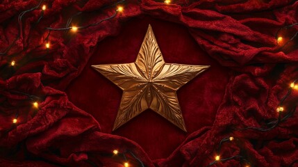 A Golden Star Adorned with String Lights on a Red Velvet Fabric