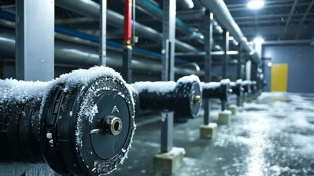 A sleek industrial refrigeration room with steel water pipes and a motor system, all surrounded by frost and icy air, reflecting the highly controlled, cold environment.