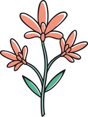 Peach Blossom Branch with Green Leaves, Illustration of a peach-colored flower branch with multiple blossoms and two green leaves, showcasing a delicate and simple floral design.
