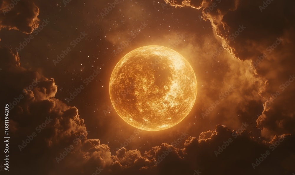Poster image of a planet with a glowing atmosphere surrounded by clouds of gas and stars in a deep space se