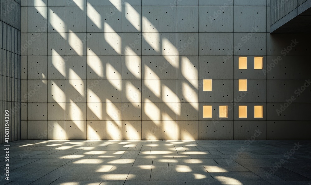 Poster modern architectural wall with geometric patterns illuminated by sunlight, creating intricate shadow