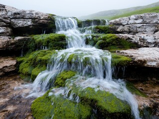 Obraz premium Serene waterfall cascading over mossy rocks