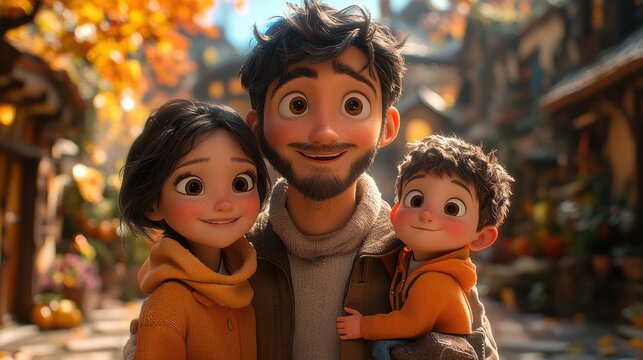 Animated Family Portrait: A heartwarming scene depicting a loving family, a father, a mother, and their son, in a captivating animated style with autumnal hues.