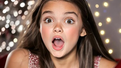 Amidst a joyful celebration, a young girl shows her excitement with wide eyes and an open mouth, captivated by the enchanting ambiance around her, filled with lights and cheer