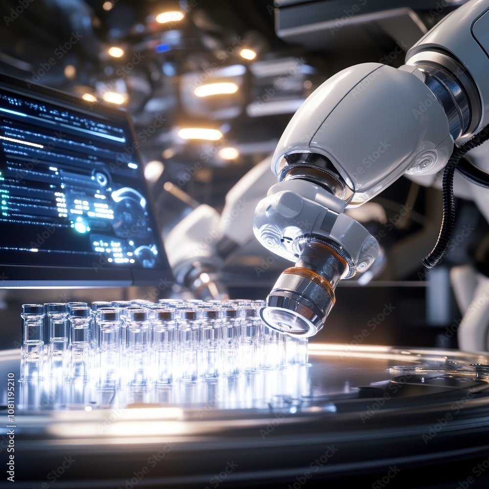 Poster sterile lab environment featuring ai driven robotic arm analyzing test tubes. advanced technology sh