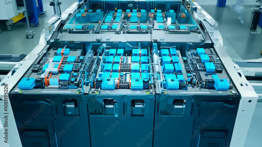Poster automated robots assembling electric car battery modules in factory generative ai