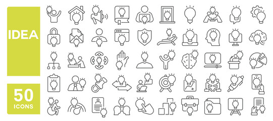 Set of 50 line icons related to idea, brainstorm, creativity, think, light bulb, brain, business, generation, suggestion, Editable stroke. Vector illustration