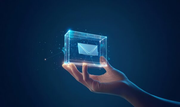 Online voting, Hand with a hologram ballot and a box for Internet voting in a mobile phone on a blue background.