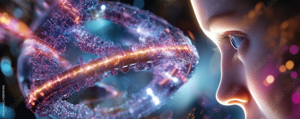 Poster futuristic multi layered image showcasing close up of human like face interacting with complex molec