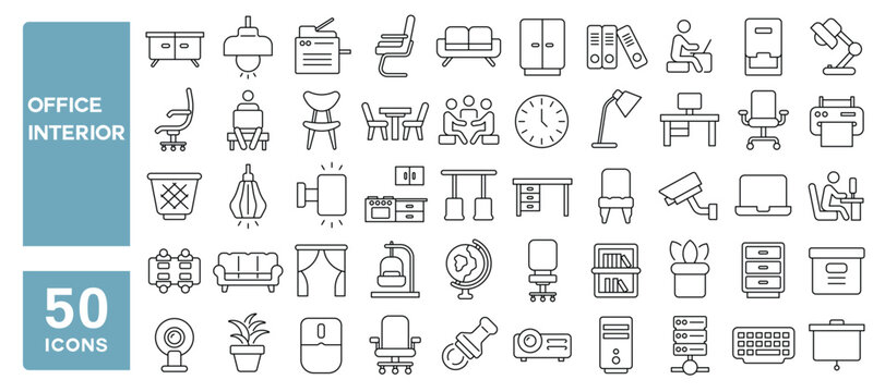 Set of 50 line icons related to office interior, business, workshop, desk, workspace, furniture, room, meeting, supplies, shelf, Editable stroke. Vector illustration