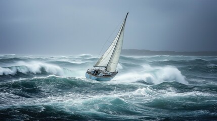 Sailboat braving the waves during a storm in the ocean