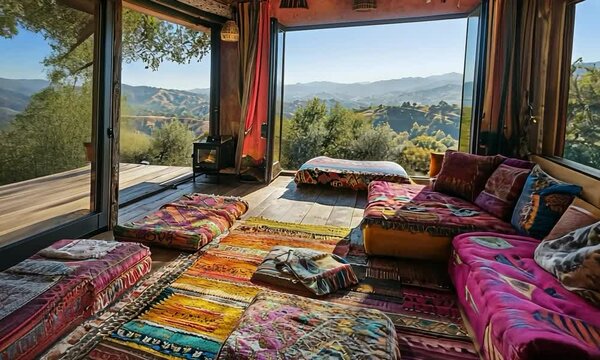 Bohemian living room with vibrant textiles, eclectic decor, and a view of a lush garden