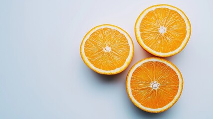 Fototapeta premium Three sliced oranges resting on a light blue background