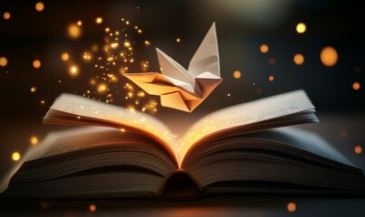 Origami paper bird emerging from an open book with glowing light trails, symbolizing creativity, imagination, and storytelling in a dimly lit setting