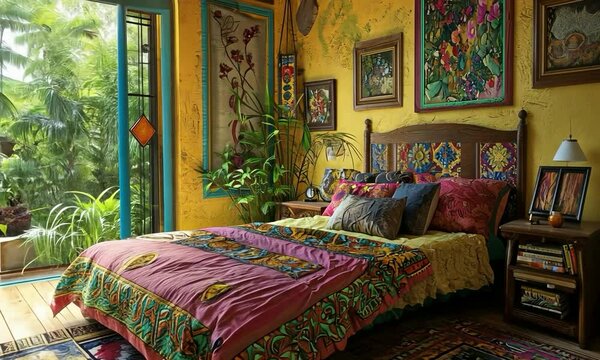 Bohemian bedroom with vibrant decor, cozy seating, and a view of rolling hills