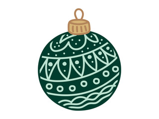 Green Christmas ball with intricate pattern isolated on white background. Concept of holiday decoration, festive winter design, traditional Christmas ornament, minimalist style, vintage style, print