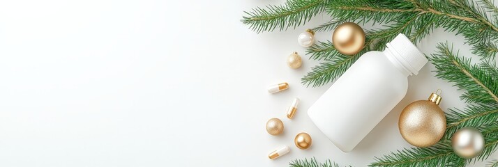 A white bottle and golden pills scattered on a pine branch and holiday ornaments background, symbolizing health and the holiday season.