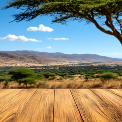 Obraz premium Wooden Tabletop Overlooking African Savannah Landscape, acacia tree, african landscape, background, backdrop, beautiful