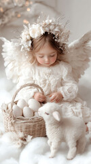 Little angel with wings and floral crown sits with a lamb and basket of eggs, AI