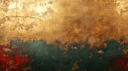 Abstract Gold and Teal Texture:  A captivating abstract background, featuring a bold collision of gold, teal, and red hues, evoking a sense of depth and texture.