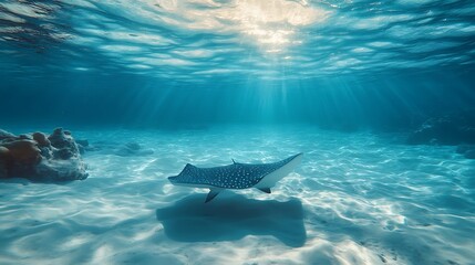 Beautiful spotted stingray lying motionless on sandy ocean seabed.