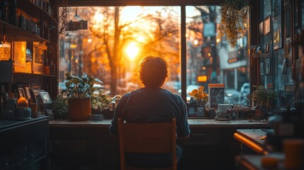 Naklejka premium Golden Hour Reflections: A solitary figure, silhouetted against a vibrant sunset, gazes out from a cozy cafe window. The warm glow of the evening light casts a peaceful ambiance.