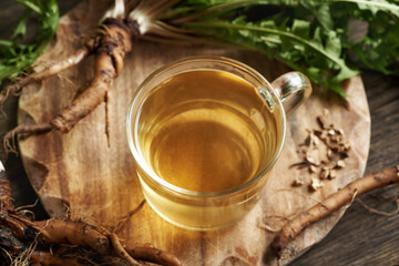 Dandelion root tea in a glass cup