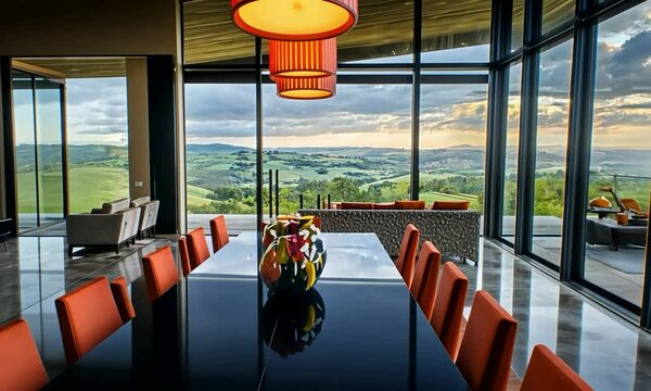 Art Moderne dining room with sleek furniture, geometric patterns, and a panoramic view of a city skyline