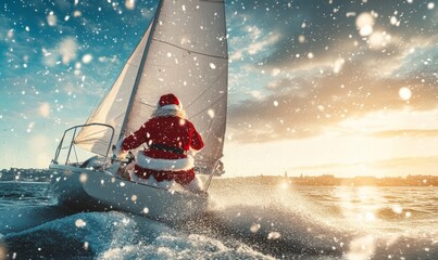 joyful Santa Claus in red suit and hat navigates sailboat under bright sky, surrounded by falling snowflakes, evoking magical holiday spirit