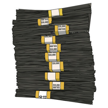 This vector illustration depicts a large stack of U.S. dollar bills organized into bundles labeled "$10,000" each, signifying high-value cash.
