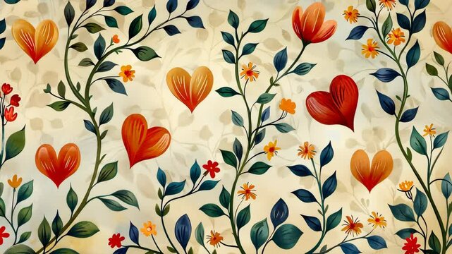 Vibrant Autumn-Themed Floral Design with Heart-Shaped Petals and Leaves in Watercolor Style on Light Background