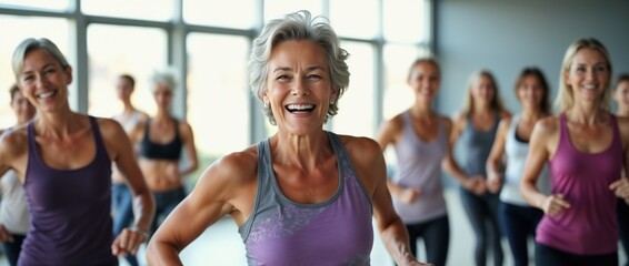 A cheerful senior woman leads a vibrant group fitness class. She inspires with energy and positivity, showcasing active living and healthy aging. Perfect representation of community and wellness.

