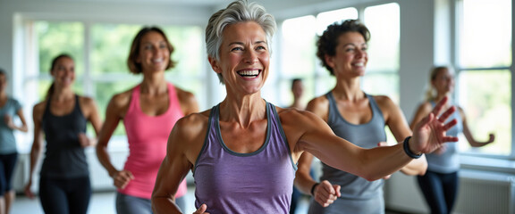 A cheerful senior woman leads a vibrant group fitness class. She inspires with energy and...