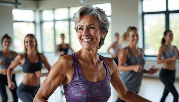 A cheerful senior woman leads a vibrant group fitness class. She inspires with energy and positivity, showcasing active living and healthy aging. Perfect representation of community and wellness.

